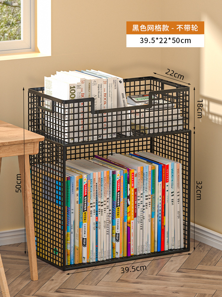 Under the desk, a small bookshelf beside the desk, a movable wheeled floor-standing office desk, a trolley for book storage, and a bookcase undefined