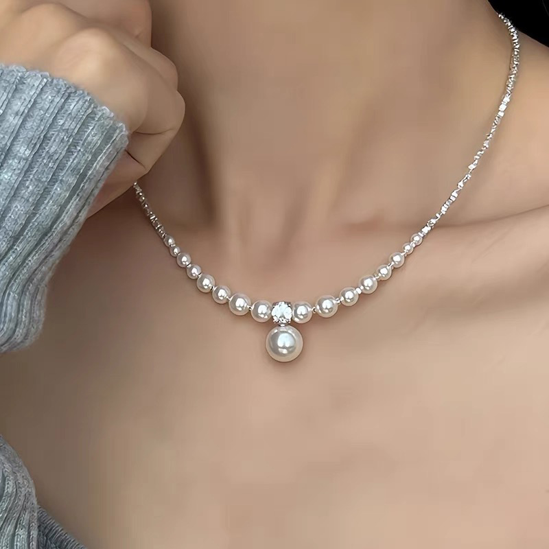 Pearl spliced silver necklace, zircon with a unique and elegant style, light luxury and niche collarbone chain design Specification drawing