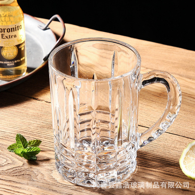 European-style household crystal glass large beer mugs, draft beer cups, tea cups, water cups with thickened handles, heat-resistant and durable household cups Specification drawing