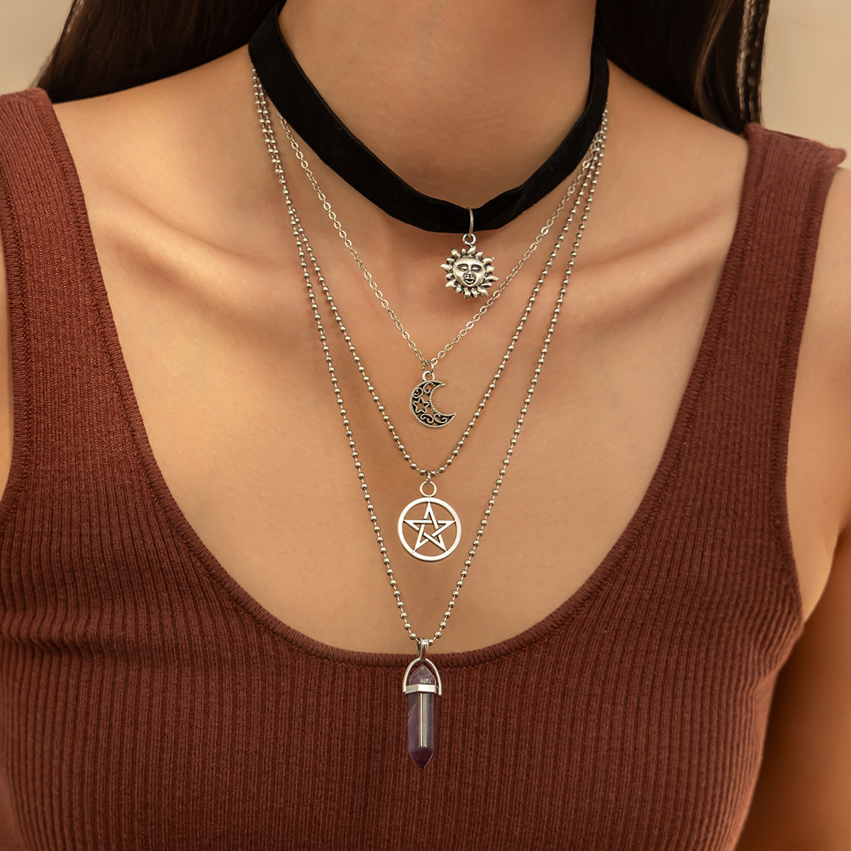European and American cross-border jewelry layering style star pendant necklace set, personalized velvet sunflower alloy collarbone chain details Picture