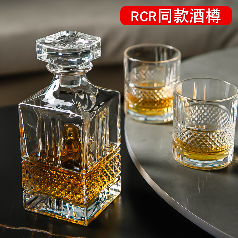 Wholesale of high-end Amazon glass wine bottles, kettles, whisky cups, spirits, and foreign wine kettles, square carved wine bottle sets details Picture