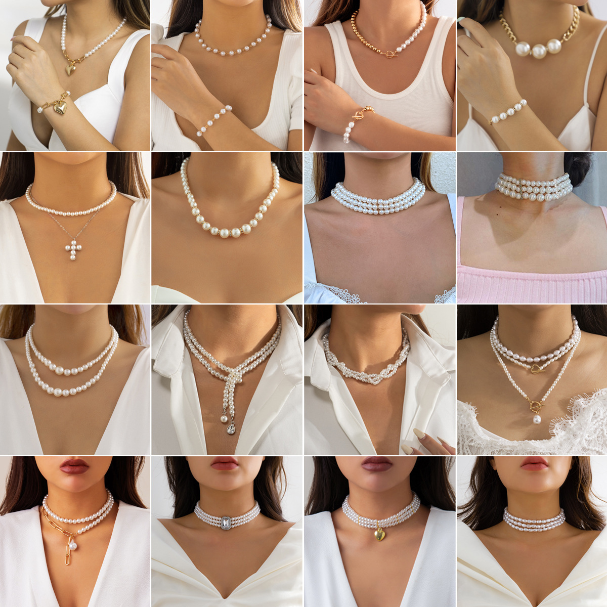 European and American cross-border jewelry, simple French imitation pearl collarbone chain necklace, sweet and cool style, niche heart-shaped pendant necklace full figure