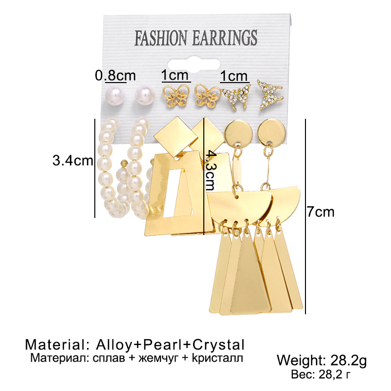 Korean jewelry world: European and American retro pearl rhinestone clasp earrings, geometric tassel pendant earrings set for women Item Picture