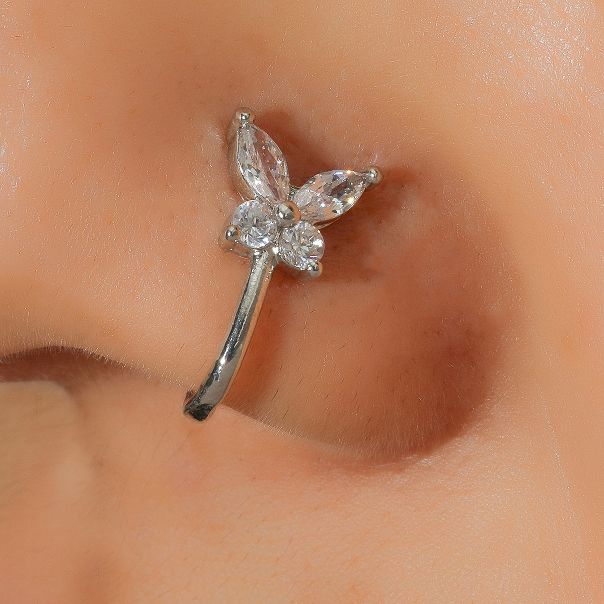 Cross-border European and American butterfly non-perforated nose clip and nose ring, retro and fashionable copper inlaid zircon U-shaped nose stud piercing accessory for women details Picture