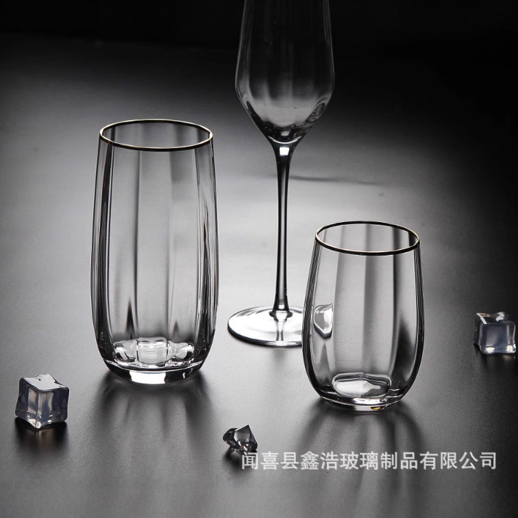 Wholesale of creative European-style household gold-rimmed glass wine glasses, champagne glasses, brandy glasses, prism pumpkin striped water glasses Specification drawing
