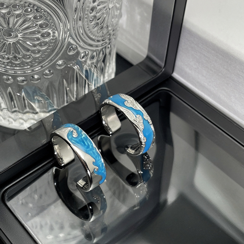 Fashionable couple rings, sea blue glazed wavy, unique and cool open rings, gender-neutral and niche rings details Picture
