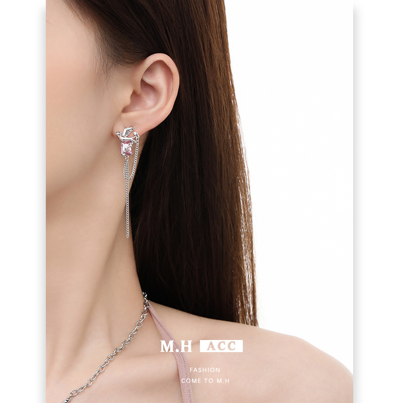 Original pink zirconium bird earrings with a niche and high-end feel, 2024 new tassel earrings, sweet and cool style, fashionable and versatile earrings Specification drawing