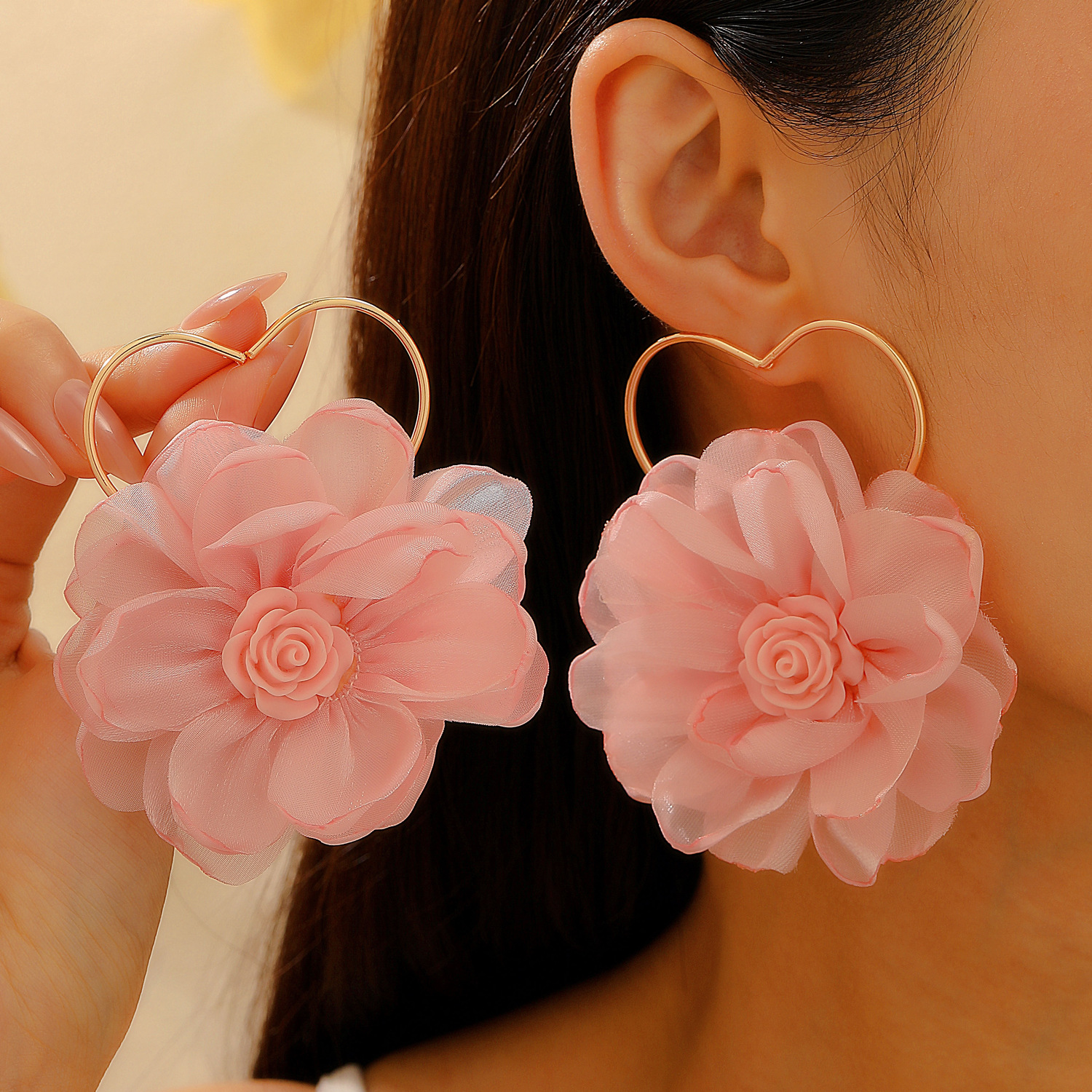 Best-selling fabric, gauze, flower and leaf earrings, heart-shaped stud earrings, sweet lace earrings for women on cross-border TEMU from Europe and America details Picture