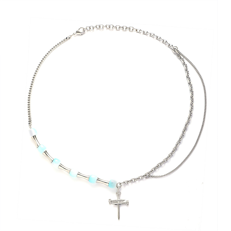 Blue beaded cross necklace, women's chain, fashionable hip-hop sweater chain, exquisite and versatile, cold style necklace wholesale Item Picture