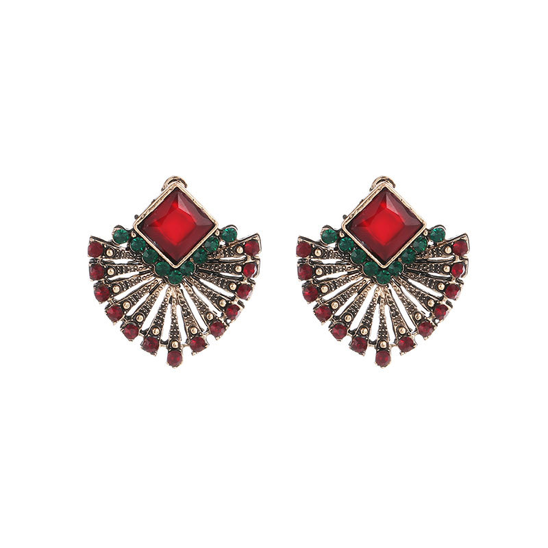 Europe and the United States retro Bohemian national wind ruby earrings selling fan crystal stud jewelry wholesale Item Picture