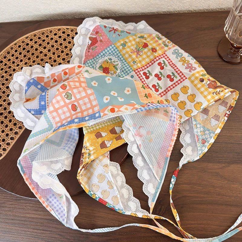 French country style cute girl printed hair band, lace headscarf, vacation photo bag, triangular scarf and hair accessory full figure