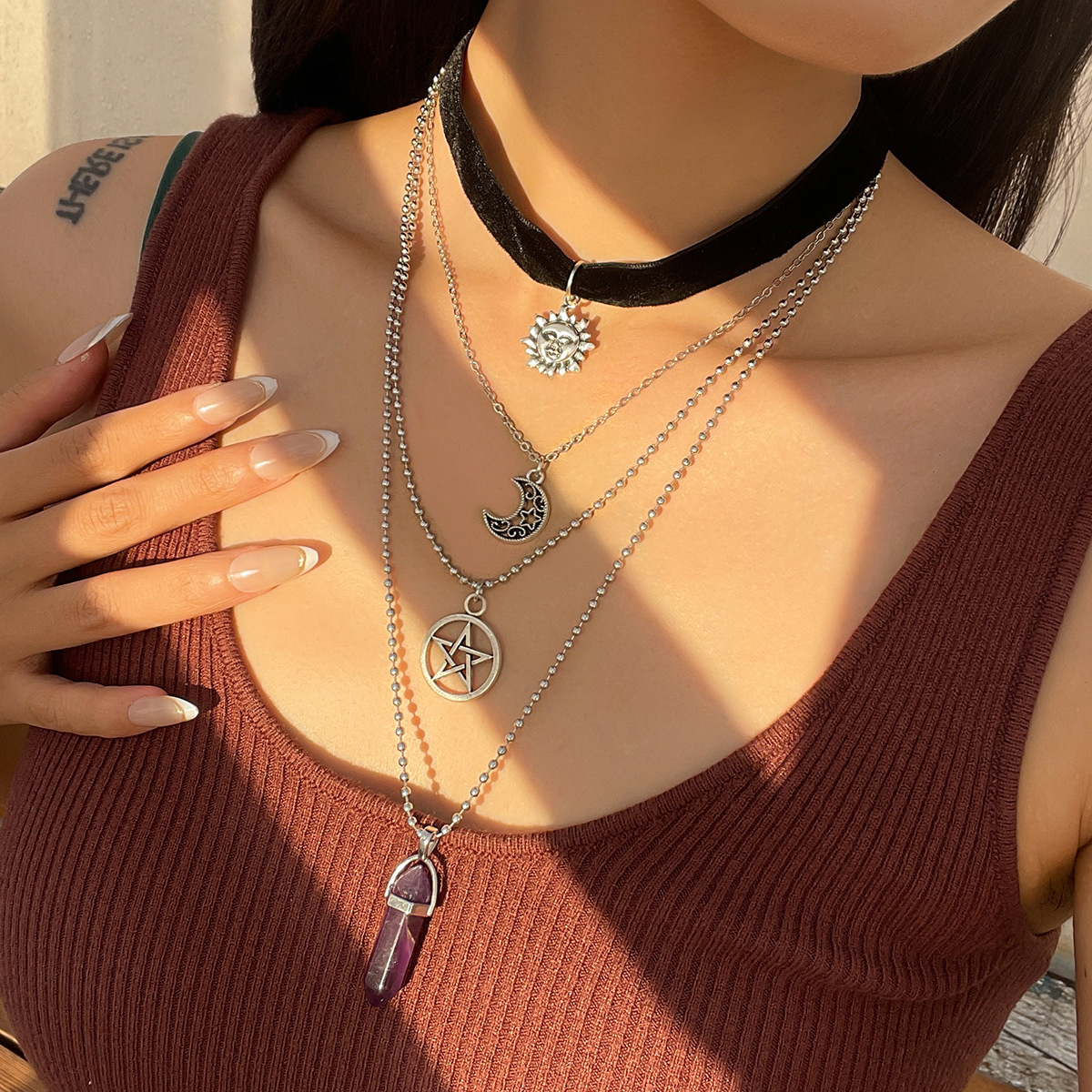 European and American cross-border jewelry layering style star pendant necklace set, personalized velvet sunflower alloy collarbone chain Specification drawing