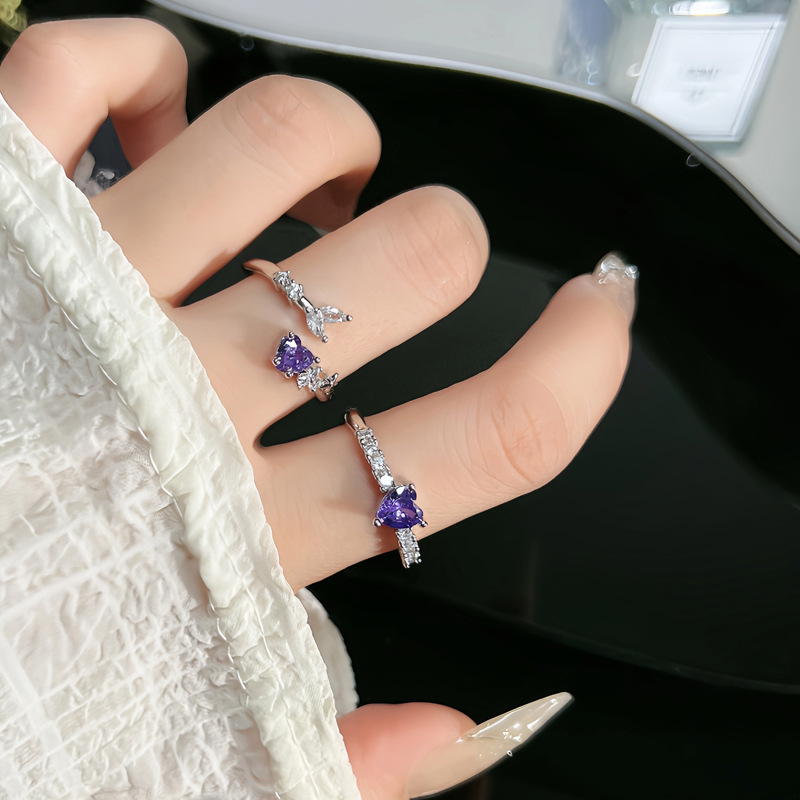Sweet, cool and high-end heart-shaped purple diamond niche open ring for women's Instagram cold style Korean style fashionable index finger ring details Picture