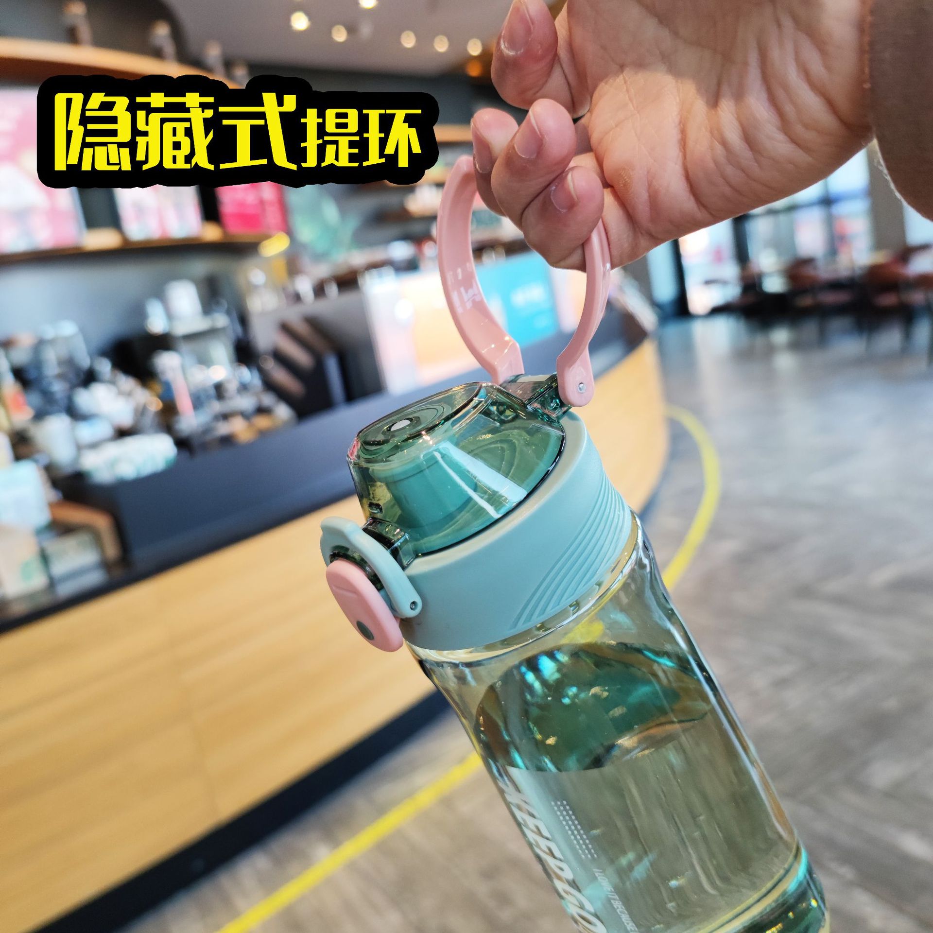 Wholesale of new Korean version outdoor portable handle plastic space cups, men's and women's sports water cups with tea strainers and direct drinking cups Application Scenario