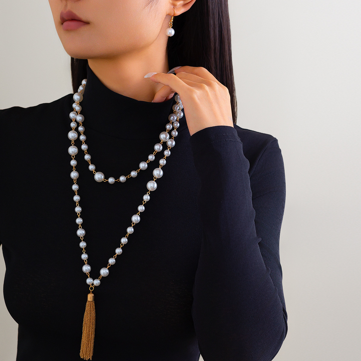 European and American cross-border goods cold style pearl beaded sweater chain set, personalized tassels Necklace multiple layers Specification drawing