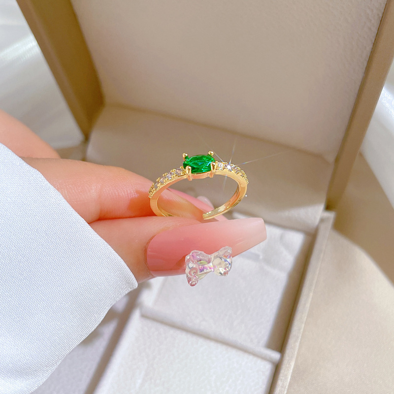 【 Real Gold 】 Green zircon ring with adjustable opening, simple Japanese-style bracelet, couple rings details Picture