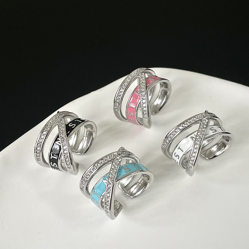 Saturn letter three-layer hollowed-out diamond-encrusted oil drip ring, a female Internet celebrity's light luxury, trendy and high-end surrounding enamel open ring details Picture