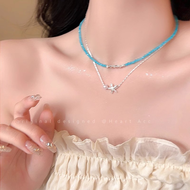 Starfish pearl Silver necklace, a unique design for women, double-layered beaded collarbone chain, a fashionable and versatile neck accessory Specification drawing