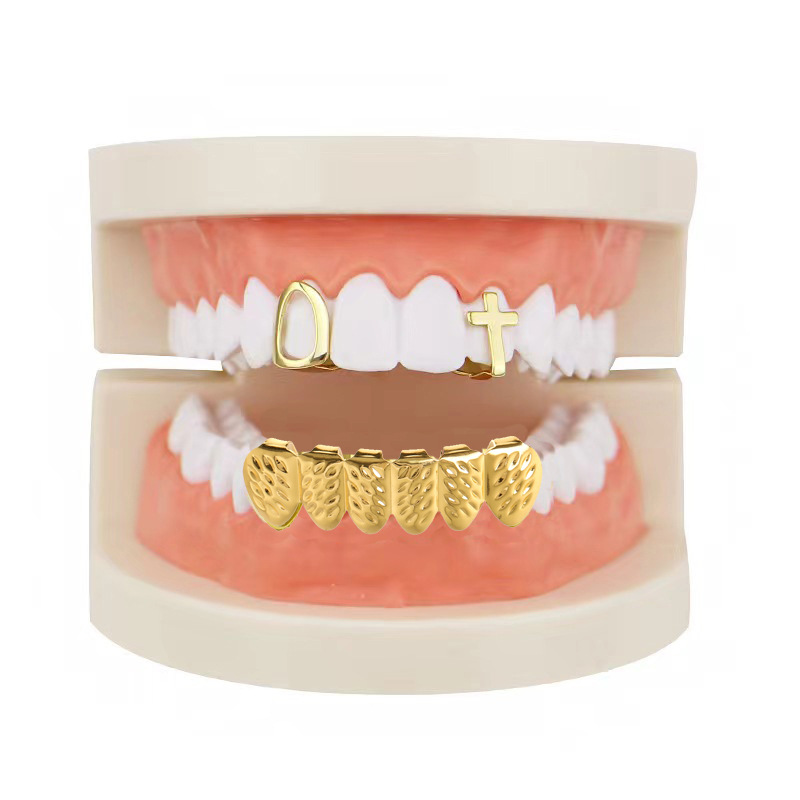 European and American hip-hop braces, hiphop glossy single cross hollowed-out set, wheat ear gold braces, party decoration teeth full figure