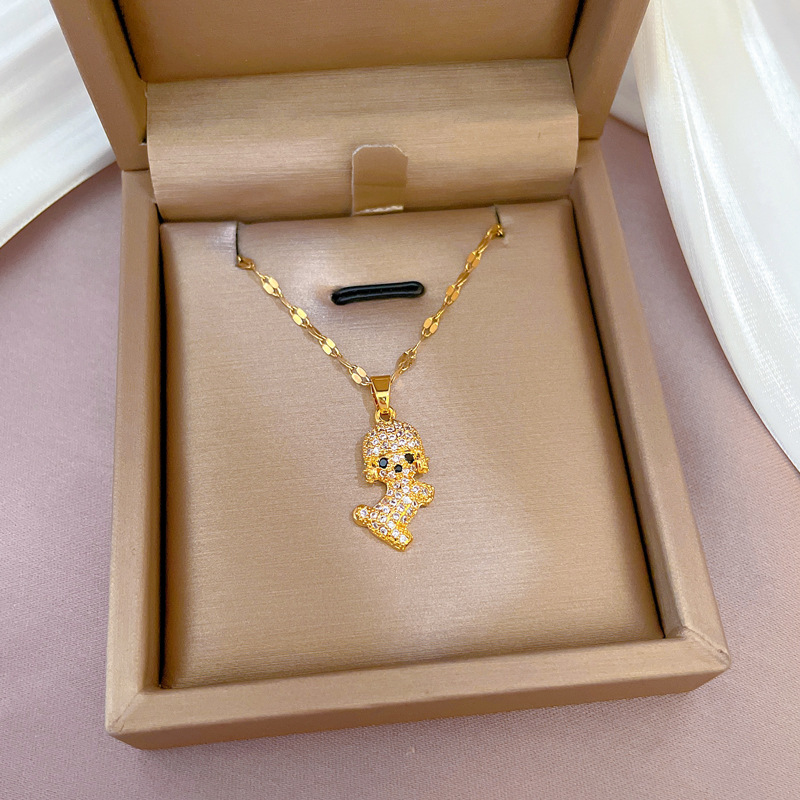 【 Titanium Steel 】 The light luxury full diamond micro-inlay is a truly cute little dog necklace with copper-plated real gold pendant in an ins style details Picture