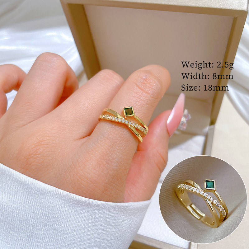 【 Real Gold 】 Cross-green full diamond ring with adjustable opening, simple Japanese-style bracelet, couple rings full figure