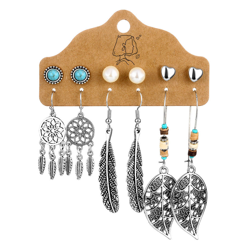 European and American earring sets, cross-border Amazon vintage earrings, long tassel leaf feather ethnic style earrings Item Picture