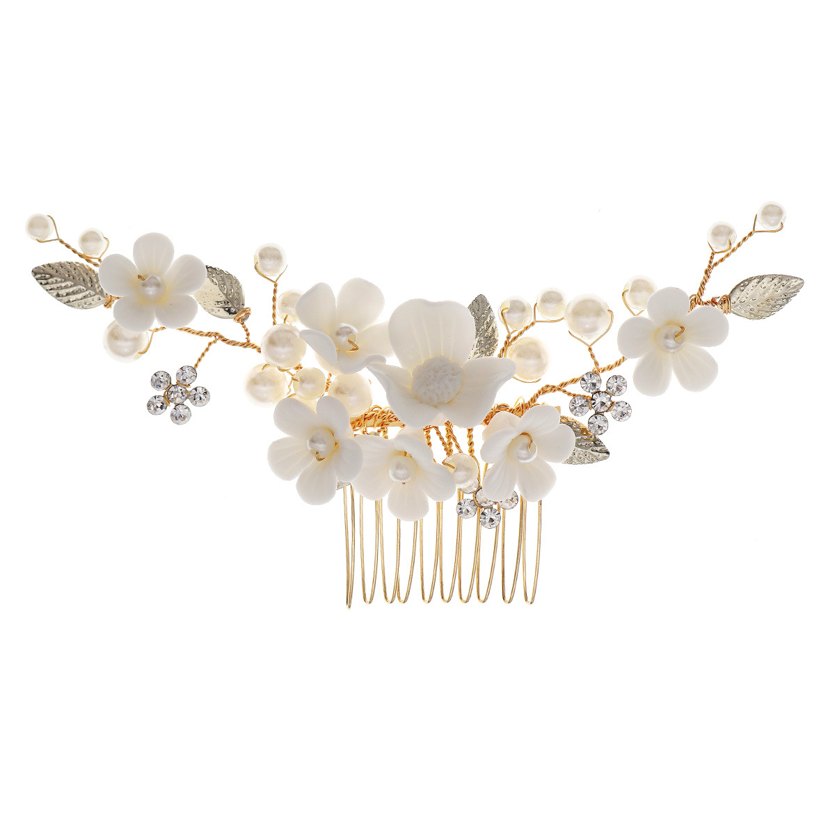 European and American bride accessories, pearl and water diamond hair combs, ancient-style Hanfu updo headwear, forest-themed ceramic flower hand-inserted combs Item Picture
