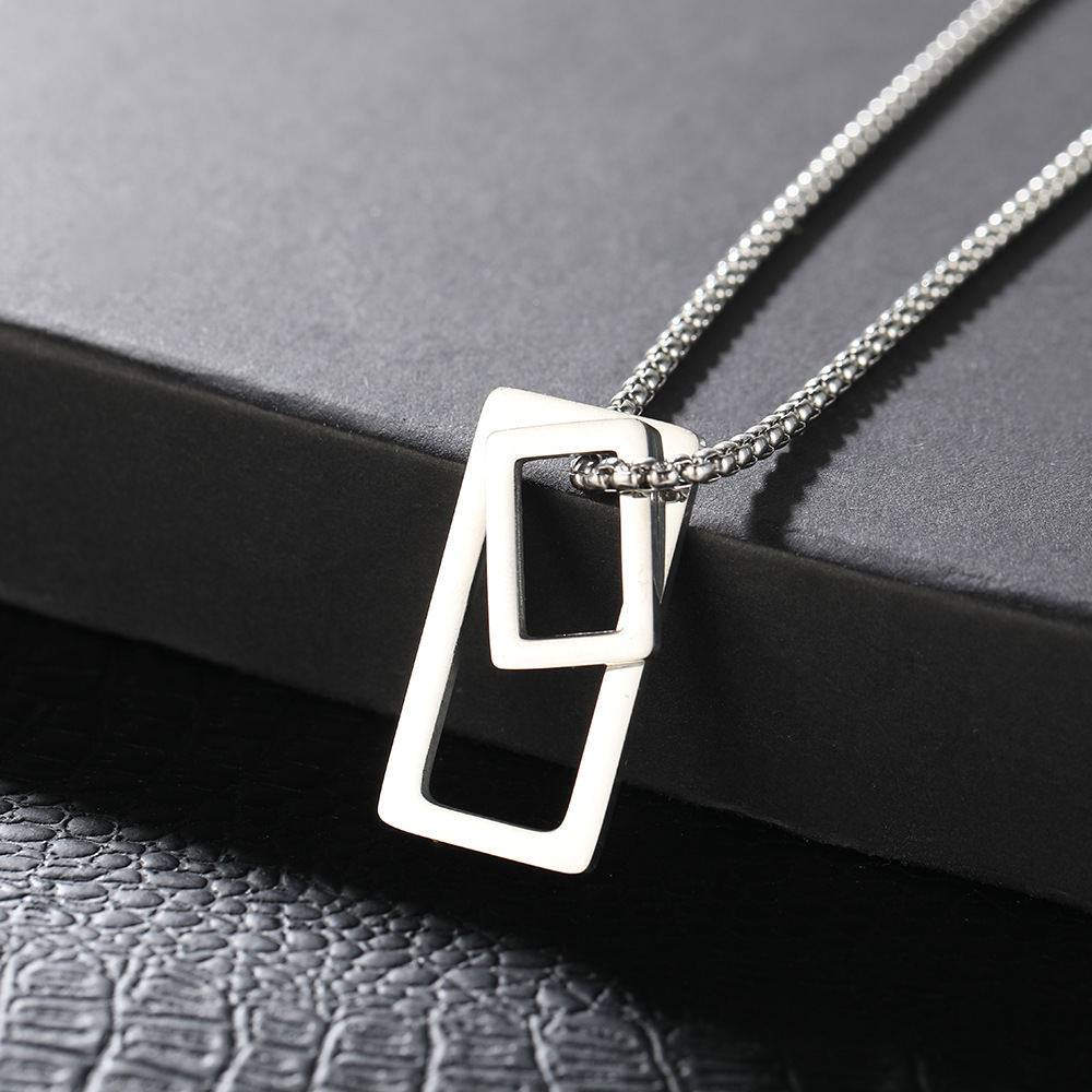 Wholesale of new cross-border square diamond-encrusted necklaces for men and women, light luxury, niche and simple geometric pendant couple sweater chains details Picture