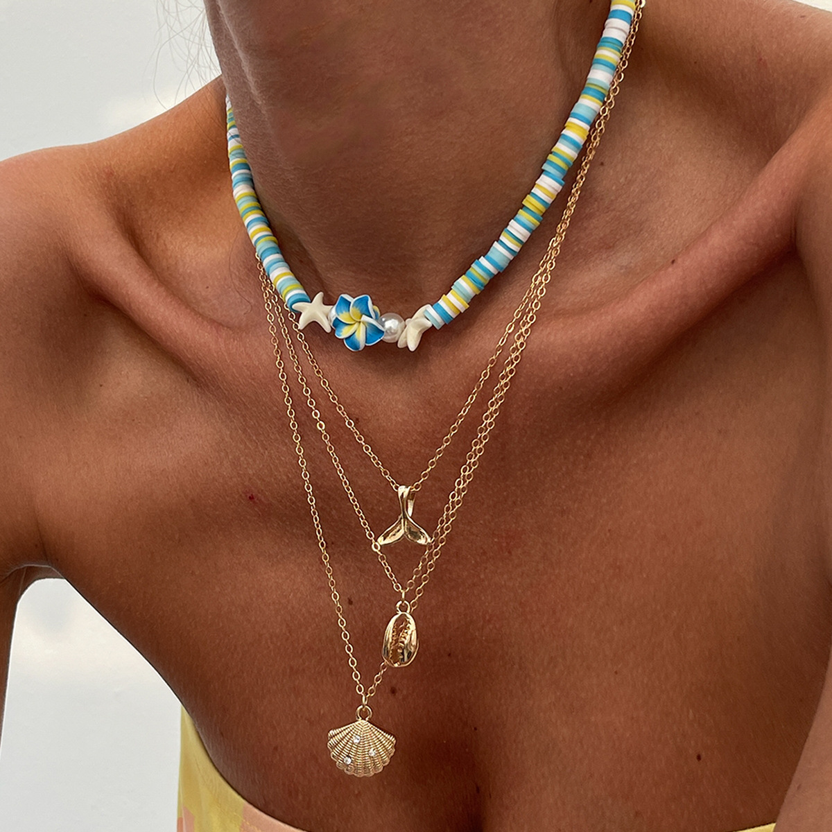 European and American cross-border jewelry, Bohemian colored soft clay beaded necklace, beach scallop fish tail alloy collarbone chain Specification drawing