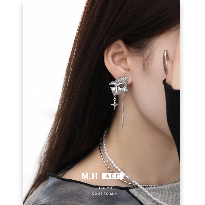Cross-border niche style facial mask earrings 925 Autumn/Winter new earrings, ins high-end and elegant earrings wholesale Specification drawing