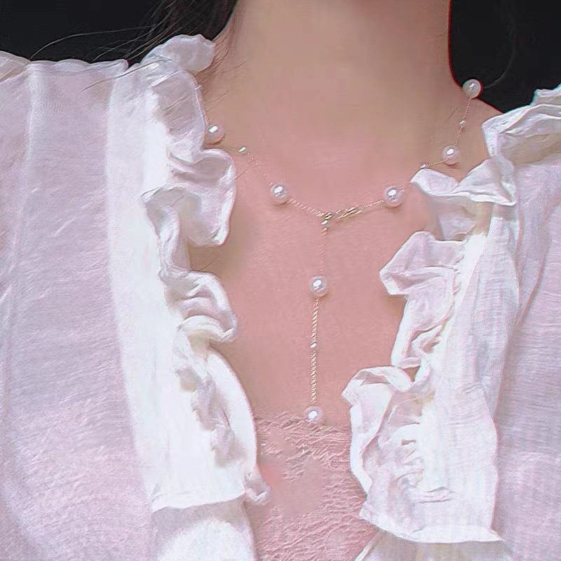 "Starry Sky pearl beaded necklace, gentle Y-shaped fairy sweater chain, long style, niche hoodie chain wholesale. Specification drawing