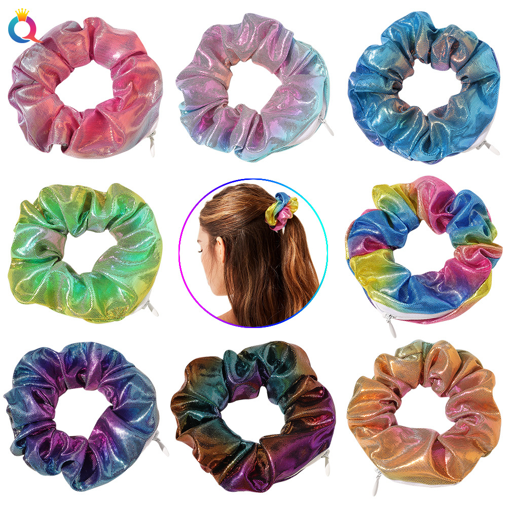 Qiyue European and American laser fabric gradient zipper large intestine hair band, fashionable ponytail hair band, hair accessory manufacturer wholesale headband full figure
