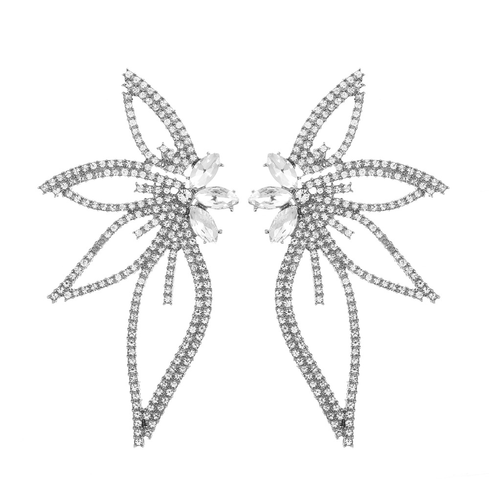 European and American full-diamond leaf-shaped flower stud earrings, fashionable and exaggerated diamond-encrusted large butterfly earrings, retro and high-end earrings for women Item Picture