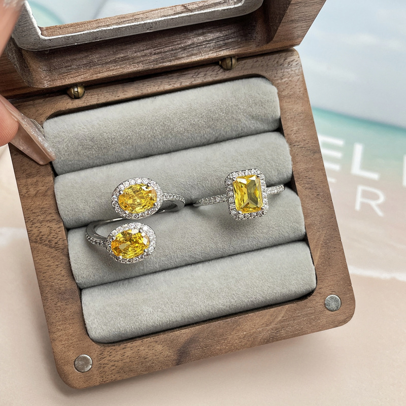 Exquisite retro double zircon yellow diamond, unique and fashionable open ring, women's Instagram, cold style, light luxury index finger ring Specification drawing