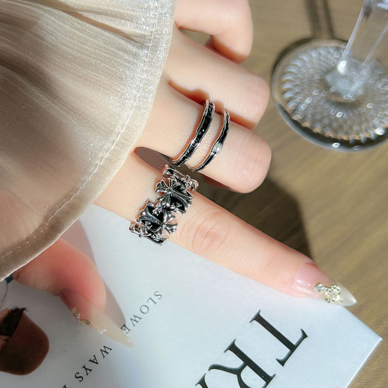 Retro dark classic punk cross enamel open ring, androgynous style, individual layered couple index finger ring trend full figure