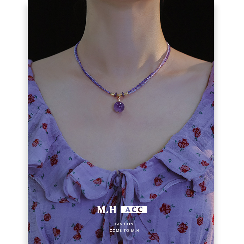 Spring and Summer new double-layered zircon amethyst necklace for women, a retro, romantic, elegant and high-end collarbone necklace full figure