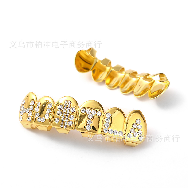 New type of diamond-inlaid gold teeth with English letter shape HUITLA hip-hop braces for foreign trade are supplied by the manufacturer Item Picture