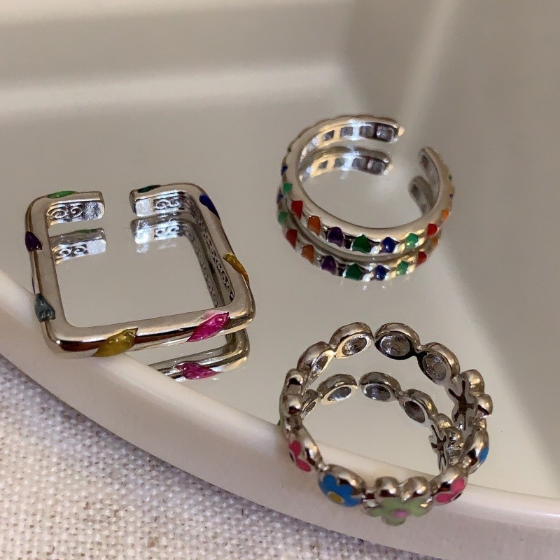Colorful glazed small flower open ring, a niche design for women, a new trendy, light luxury and high-end dining ring trend in 2023 full figure