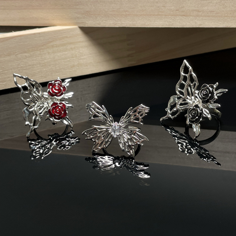 New Chinese-style retro niche ring for women, rose liquid butterfly open ring, sweet and cool irregular hollow ring details Picture
