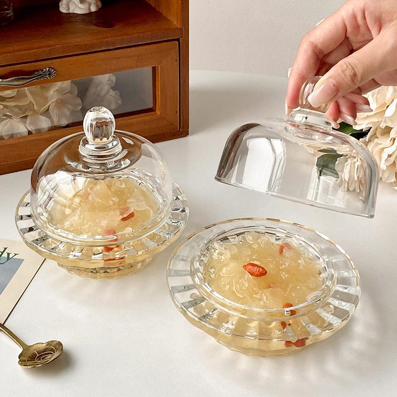 Covered glass bird's nest bowl, creative sugar water bowl, silver ear bowl, exquisite set of soup bowl, transparent fruit, pastry and dessert bowl full figure