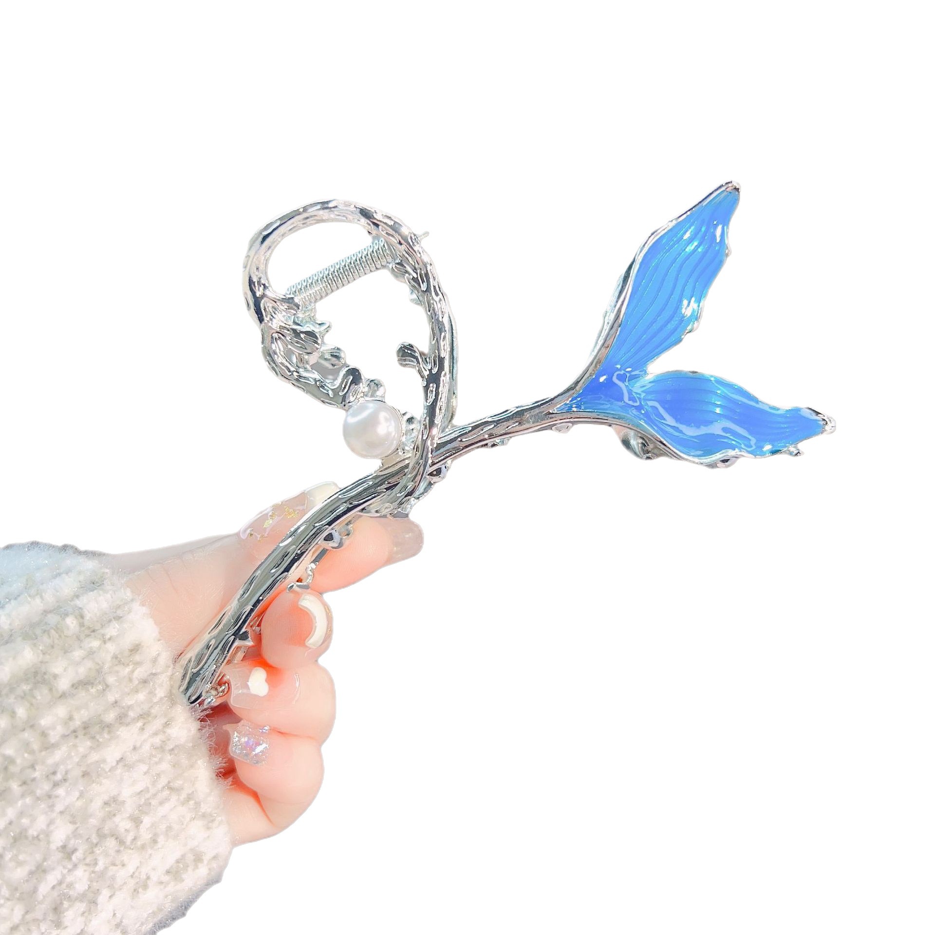 New niche design metal gripper, large deep-sea blue fishtail gripper, pearl style shark clip at the back of the head Item Picture