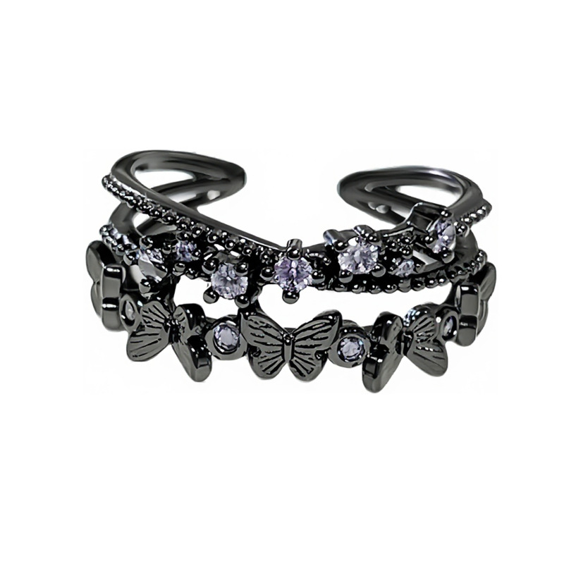 Dark retro vintage butterfly ring, gender-neutral style, double-layer diamond row, unique personality, light luxury couple ring Item Picture