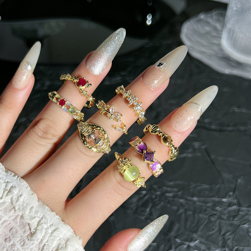 New Chinese-style exquisite oval cat's eye stone sweet and cool open ring for women, geometric micro-inlaid, unique and niche design sense ring Specification drawing