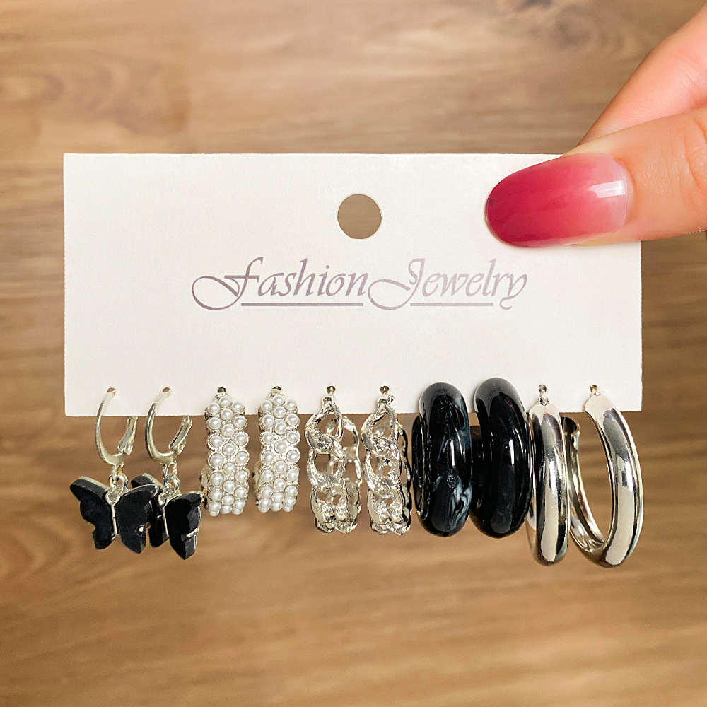 Wholesale set of 34-pair geometric diamond-encrusted earrings and creative hollowed-out butterfly earrings from cross-border Amazon in Europe and America Specification drawing