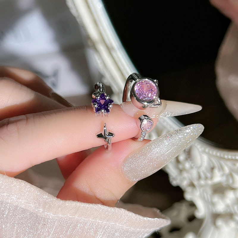 Korean version cute and sweet pink diamond kitten open ring, female student purple diamond star niche light luxury cold style ring details Picture