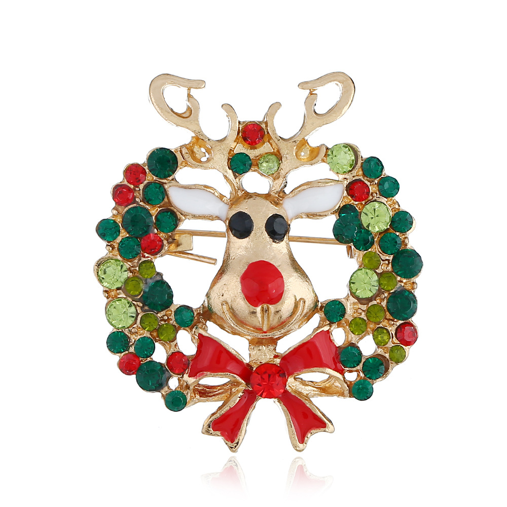 Cross-border European and American fashion wreath brooch, versatile diamond-encrusted deer head oil drip Christmas accessories factory direct sales wholesale details Picture