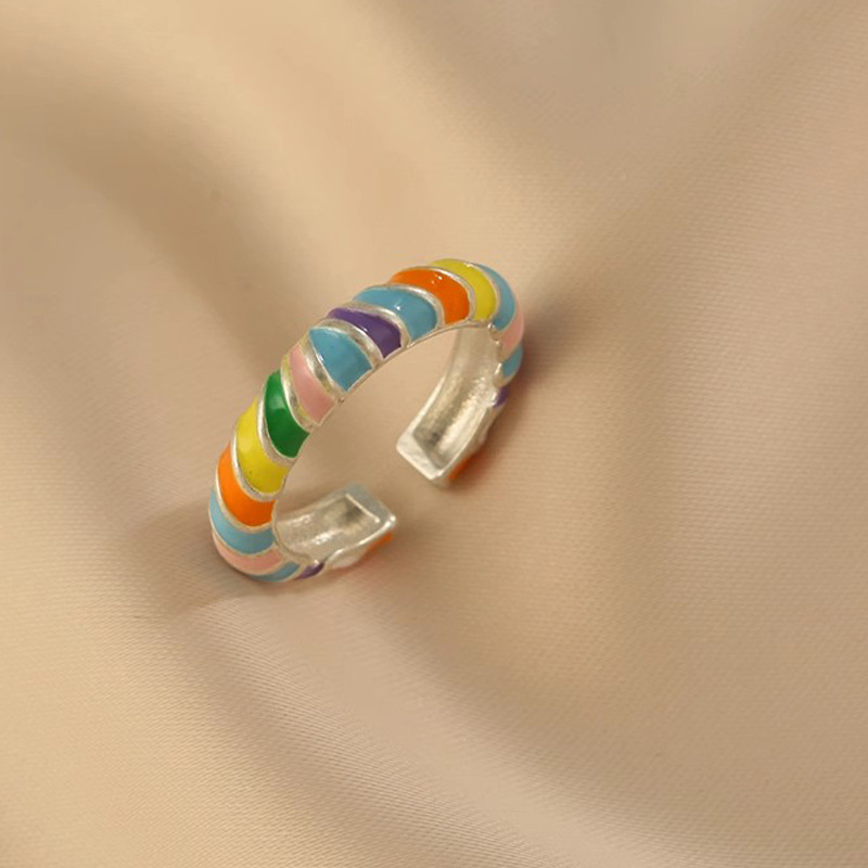 Sweet and cool retro drip glaze rainbow dopamine ring, a high-end female summer personality, sweet candy-colored open ring full figure