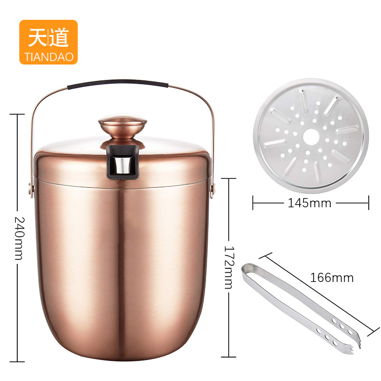 Stainless steel double-layer insulated ice bucket, 3L thickened hand-held with lid, champagne bucket, beer, red wine, cold drink ice cube bucket details Picture