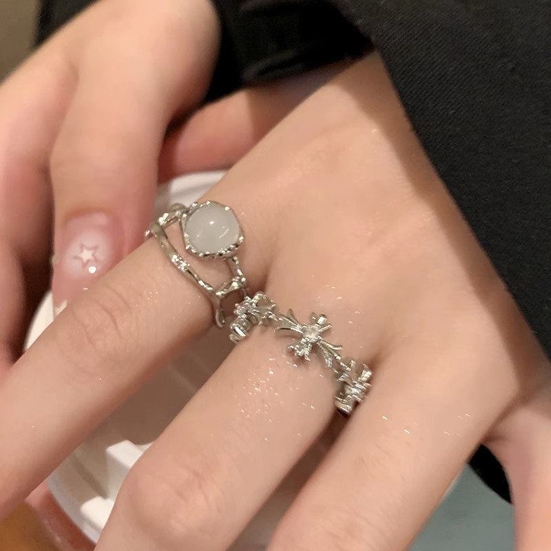 Cold style moonstone cross zircon open ring for women's Instagram niche design sense index finger ring, personalized ring Specification drawing