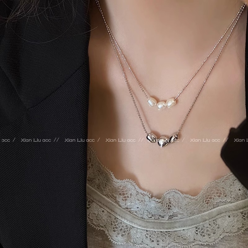 A fresh water pearl double-layered necklace for women, a new 2023 style, simple and elegant collarbone chain, light luxury and niche accessory Specification drawing